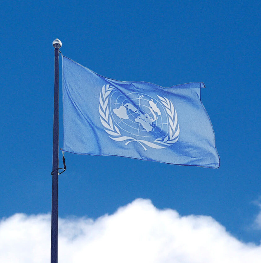 Fn-flagga på flaggstång mot blå himmel