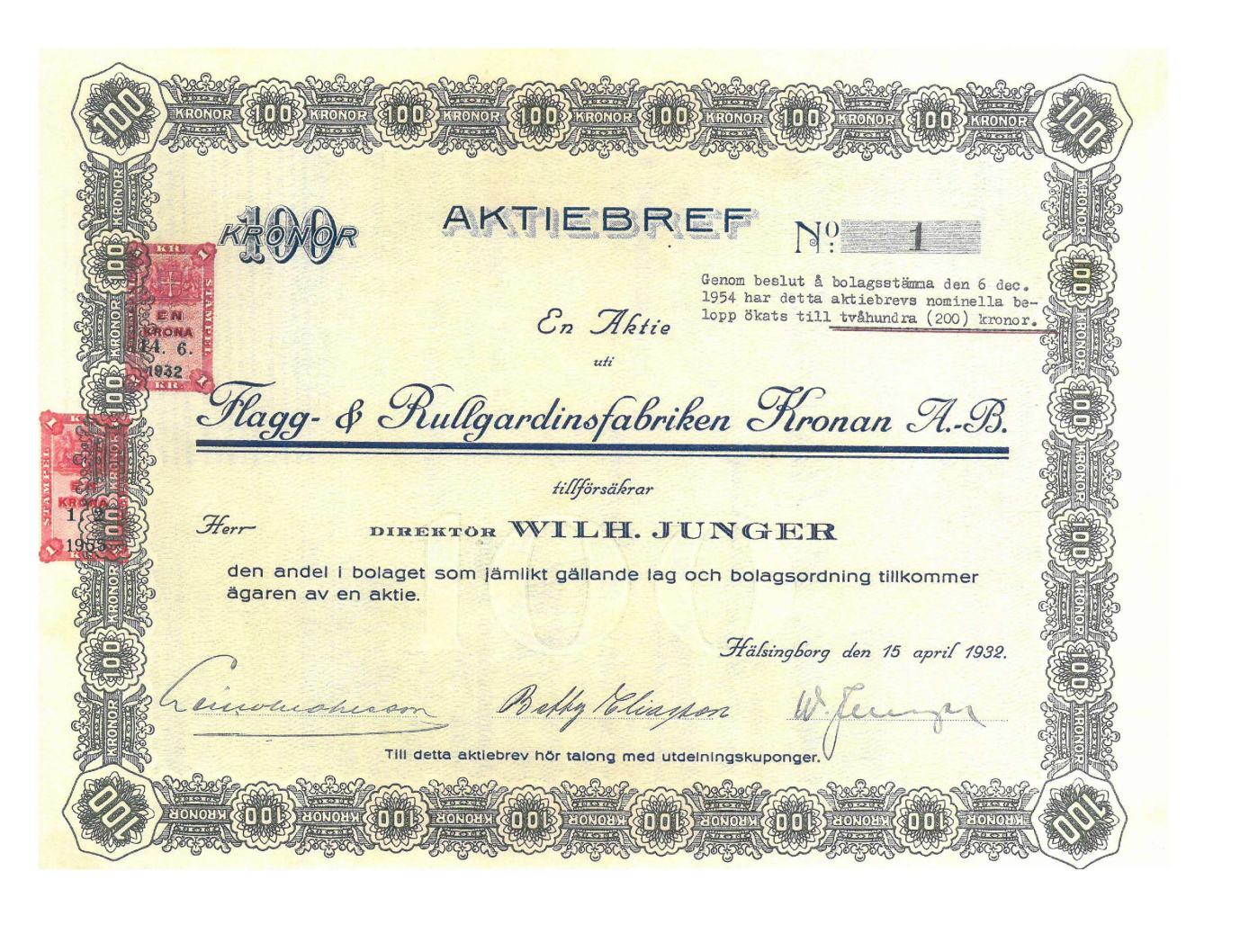 Aktiebrev för Flagg- och rullgardingsfabriken Kronan AB år 1932