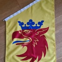 Motiv av Skånegripen med blå tunga på gul fasadflagga